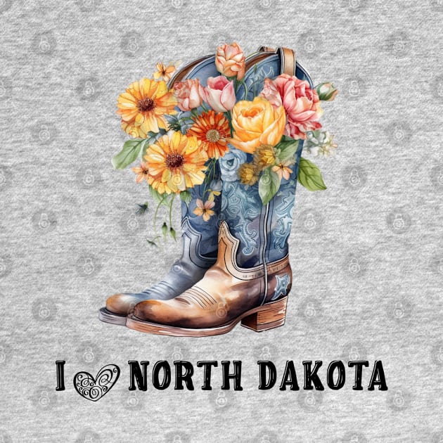 I Love North Dakota Boho Cowboy Boots with Flowers Watercolor Art by AdrianaHolmesArt